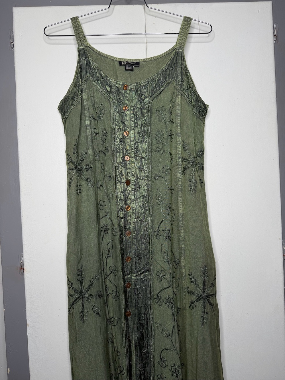 Flower Olive Green Embroidered Maxi Dress Rayon Fairy Grunge Boho whimsi Onesize